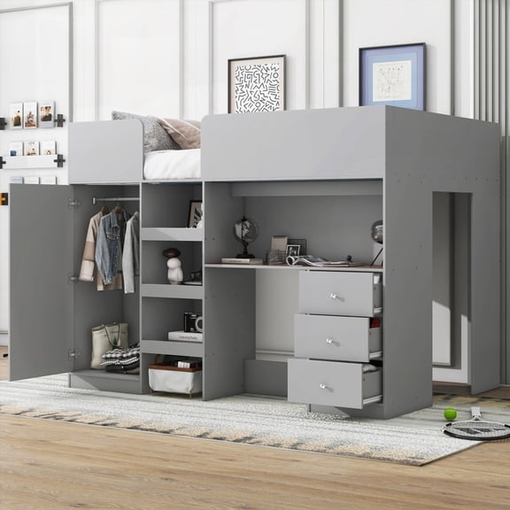 Grey Wood Full Size Loft Bed with Integrated Wardrobe, Desk & Storage Shelves