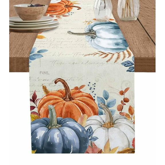 Blue Orange Fall Burlap-Cotton Table Runner 120 Inches Long,Autumn Botanical Thanksgiving Farmhouse Table Runners,Outdoor Dining Tablecloths Decor for Baby Shower Party Wedding 13x120