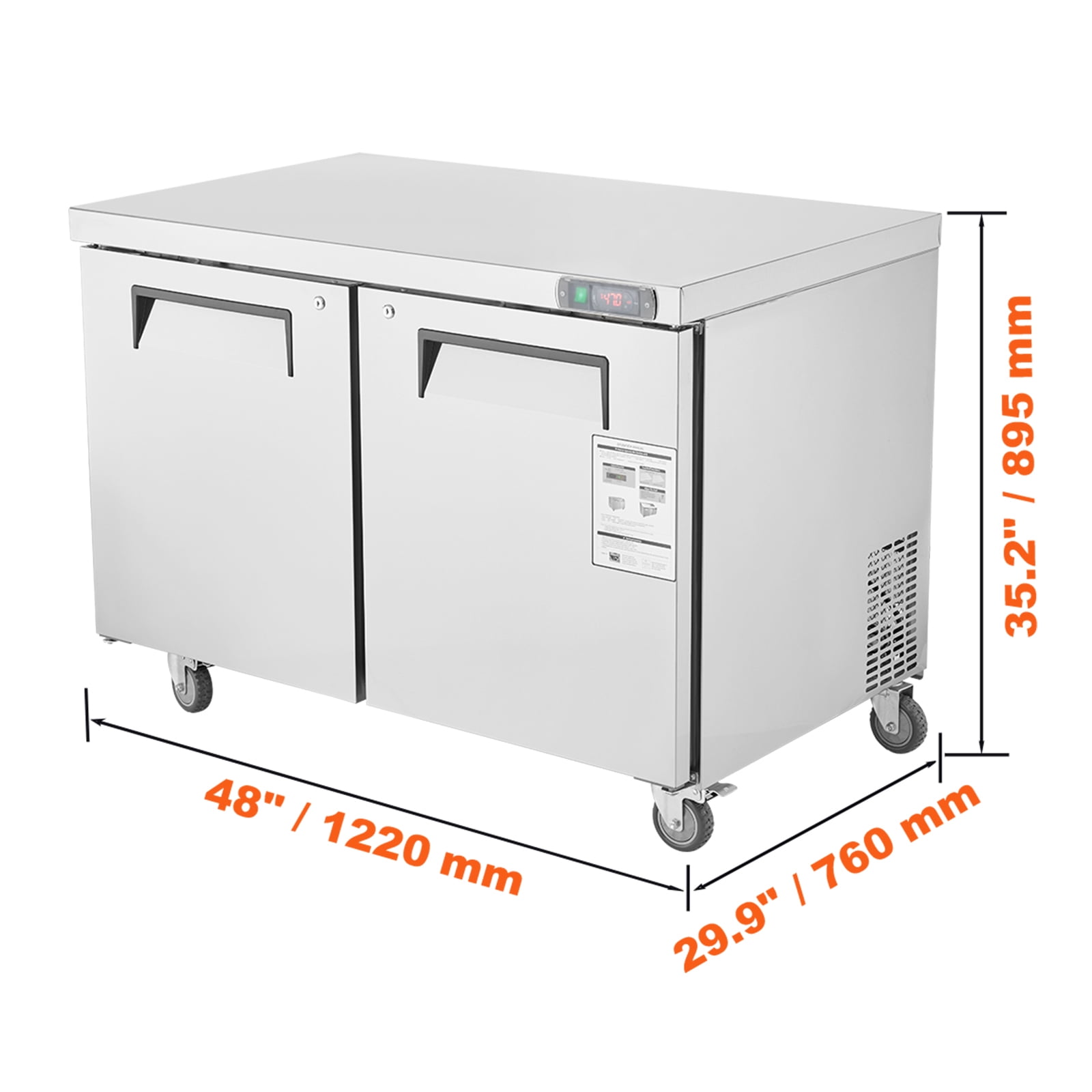 KFFKFF 48" Professional Chilled Storage for Sandwiches & Salads, 12.9 Cu. Ft Stainless Steel Food Preparation Station with Dual Doors, No-Frost Fridge with Lock for Eateries, Pubs