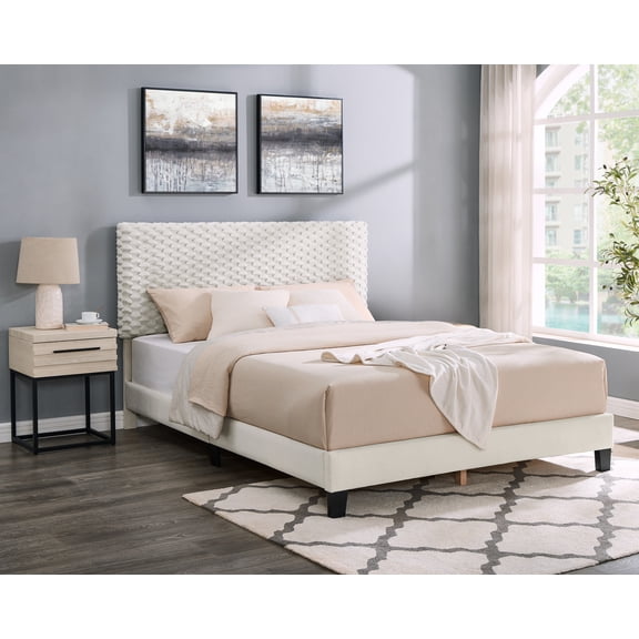 2 Piece Farmhouse Bedroom Set, Queen Bedroom Set Include Plush 3D Upholstered Queen Bed Frame with High Headboard and Nightstand, 2 Piece Wood Bedroom Furniture Set, Off White
