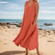 thumbnail image 2 of Vestido largo sin mangas con cuello en V y color liso para mujer: corte holgado, bolsillos, vestido informal cómodo para el día a día., 2 of 5