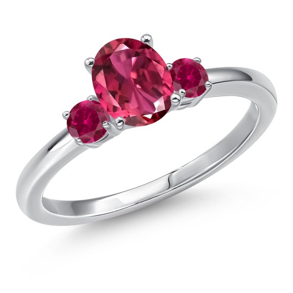 Gem Stone King 14K White Gold Pink Tourmaline and Red Created Ruby Engagement Ring for Women | 1.13 Cttw | Oval 7X5MM | Gemstone October Birthstone | Size 5