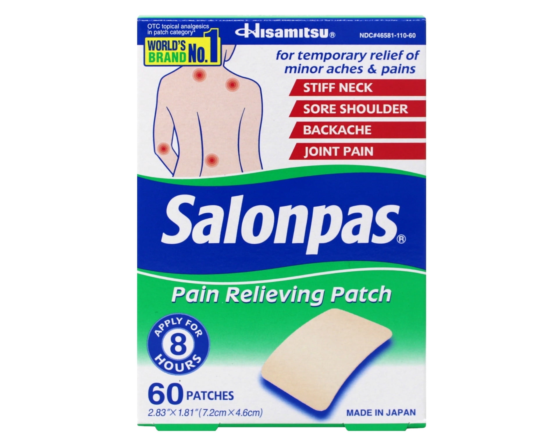 (2 pack) Salonpas Pain Relieving Patch for Back, Neck, Shoulder, Knee Pain and Muscle Soreness - 8 Hour Pain Relief - 60 Count - Pack of 1