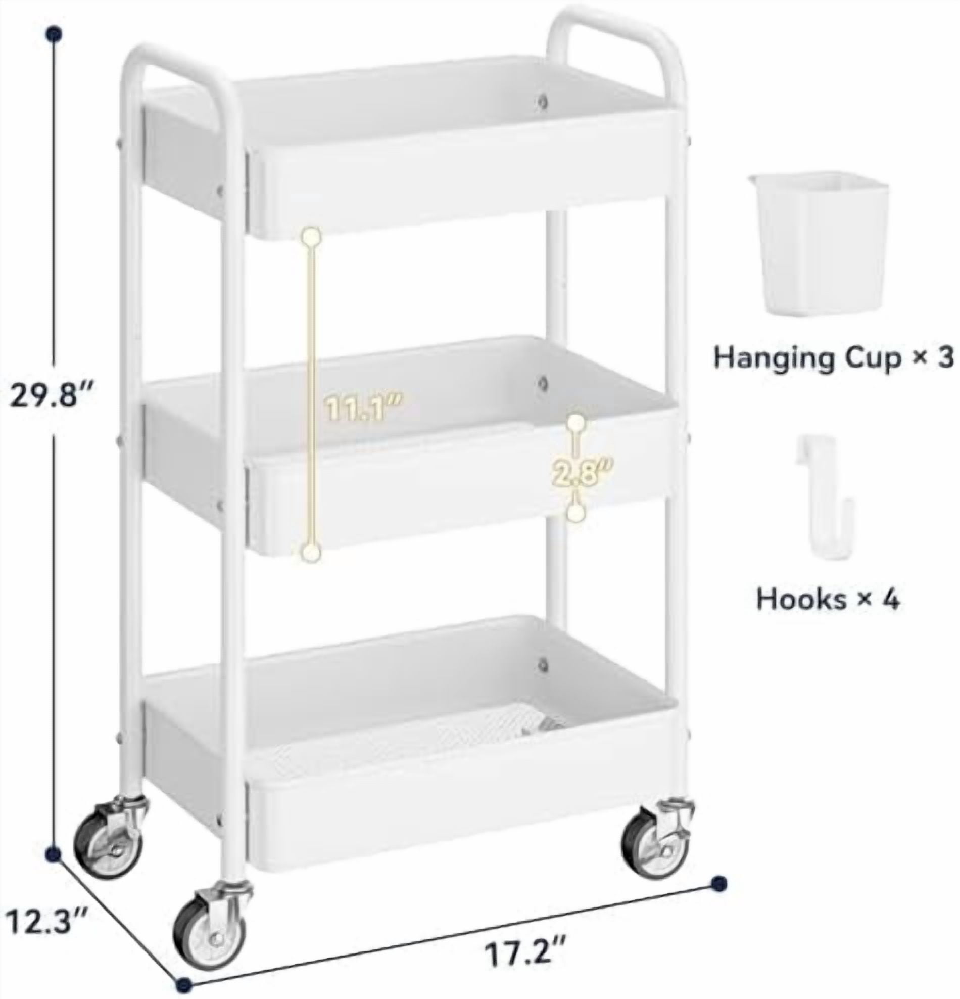 Metal 3 Tier Rolling Cart - Heavy Duty Utility Cart with Lockable Wheels, Hanging Cups, Hooks, Mesh Rolling Storage Cart Craft Cart Organizer, Lightweight and Sturdy, White