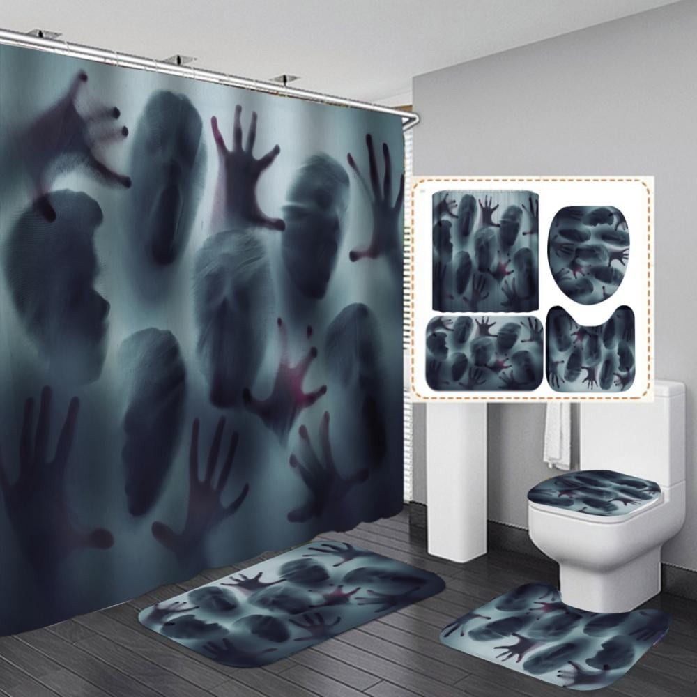 4Pcs Set Horror Halloween Bathroom Shower Curtain Toilet Lid Cover Bath Mat 