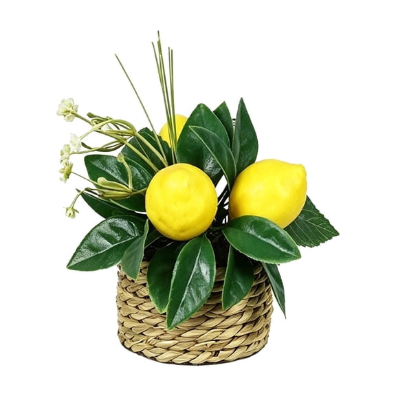 YingYouFu Woven Basket Artificial Lemon Foliage Arrangement, Faux Lemon Plant Tabletop Display Set, Farmhouse Style Decor Centerpiece for Dining Counter, Living Room, Home Rustic Interior Styling