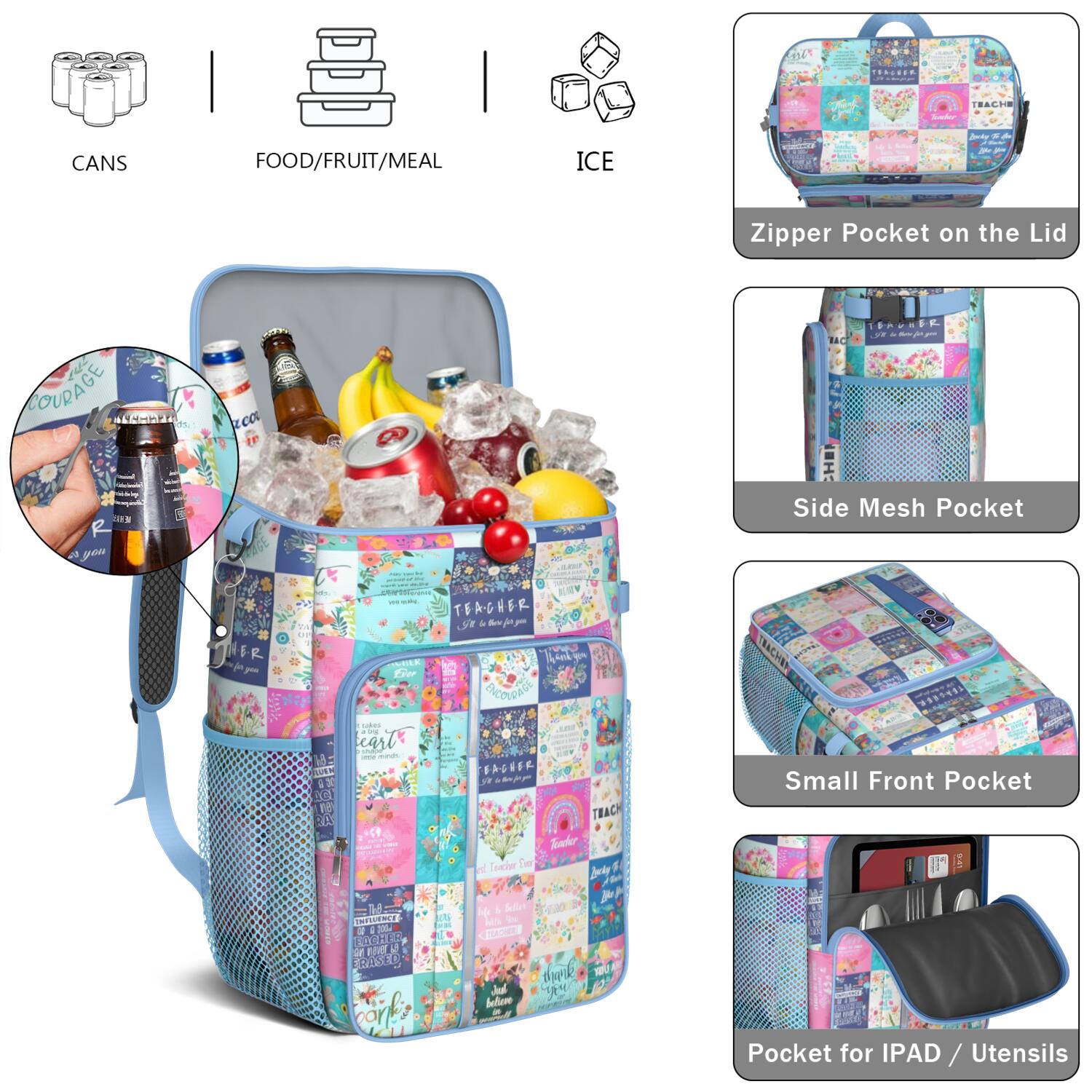 Travel Cooler Bag - Pioneer Flower Floral Print Pattern Camping Beer Cooler Backpack with Bottle Opener- Waterproof Insulated Picnic Backpacks - Cooler Bag for Beach