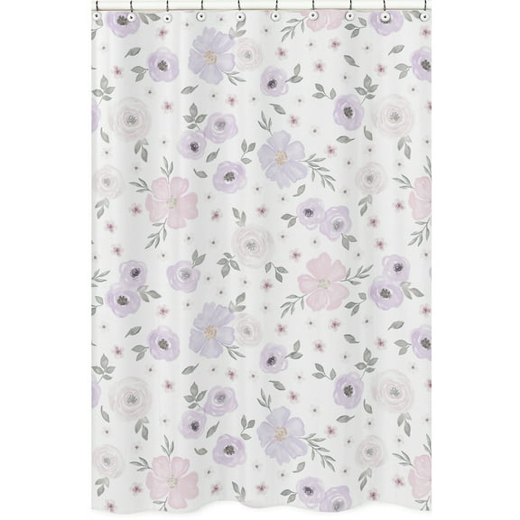 Lavender Purple, Pink, Grey and White Bathroom Fabric Bath Shower Curtain for Watercolor Floral Collection by Sweet Jojo Designs - Rose Flower