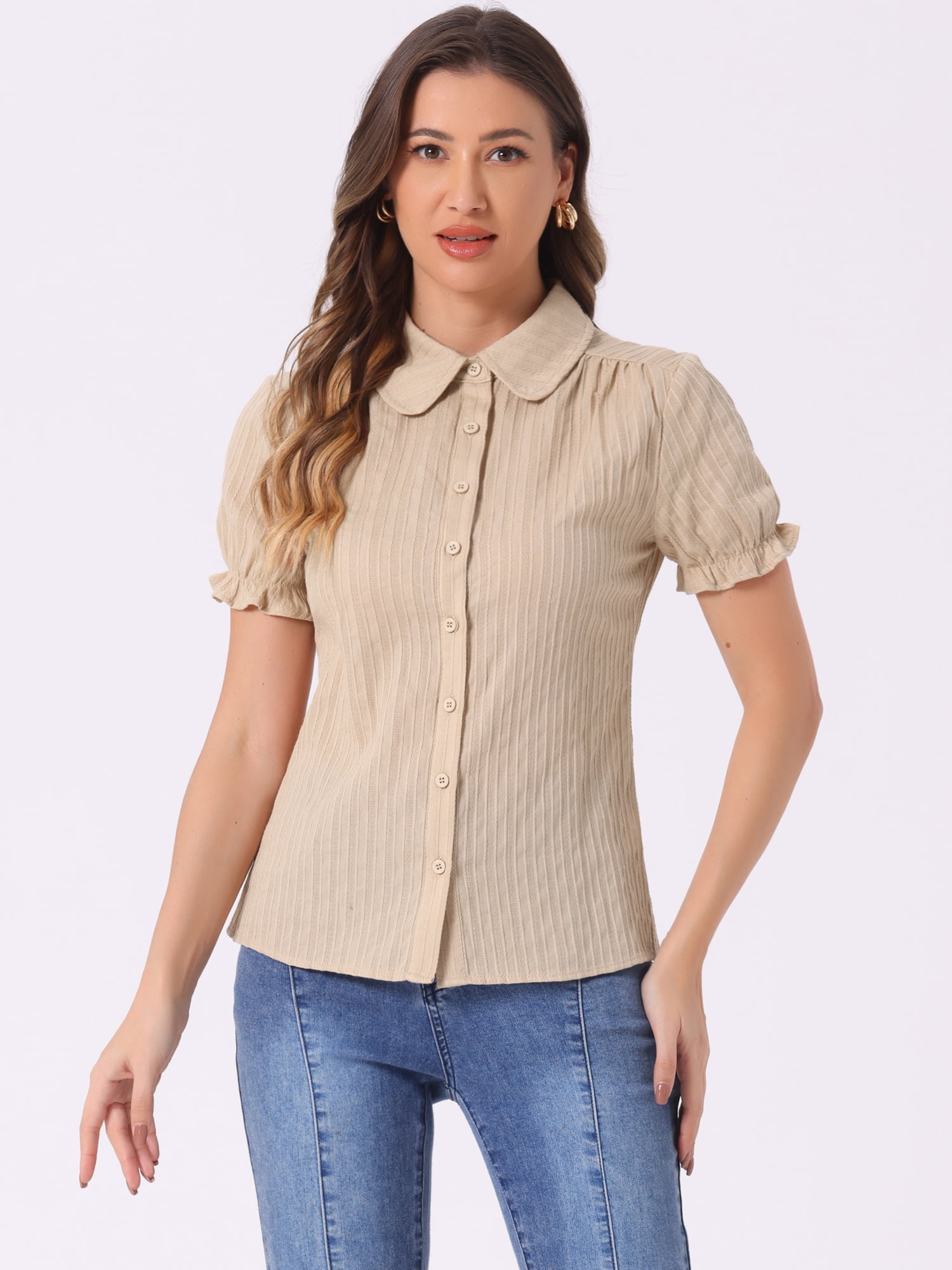 DARING DIVA Women's Cotton Frilled Top Turndown Collar Solid Blouse L Khaki
