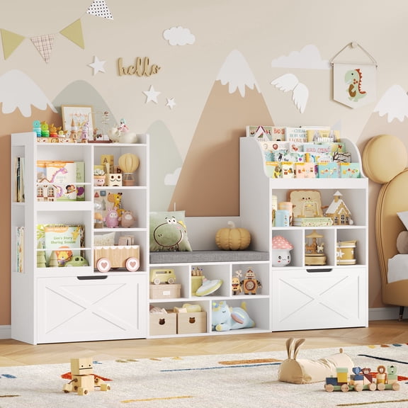 Homfa Kids Bookcase with Reading Nook, 75" W Kids Toy Storage Organizer with 2 Drawers, Kid Bench for Playroom Kids Room Living Room, White