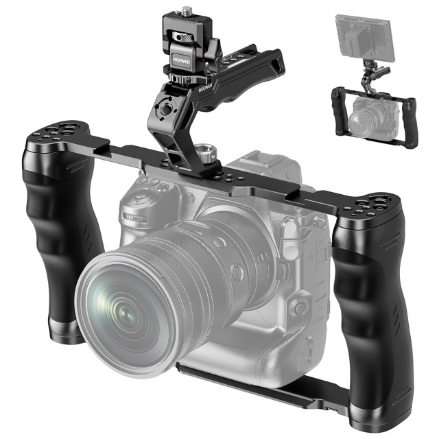NEEWER Universal Camera Cage with Top Handle & Cold Shoe Monitor Mount, Arca Type Camera Gimbal Stabilizer Video Rig, Dual Handgrips & 3/8" for ARRI C