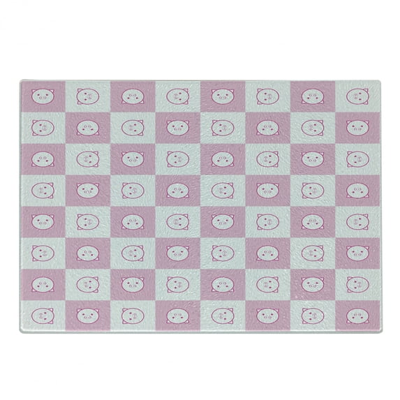 Checkered Cutting Board, Squares with Funny Happy Piggy Faces Girls Pattern, Decorative Tempered Glass Cutting and Serving Board, Small Size, , by Ambesonne