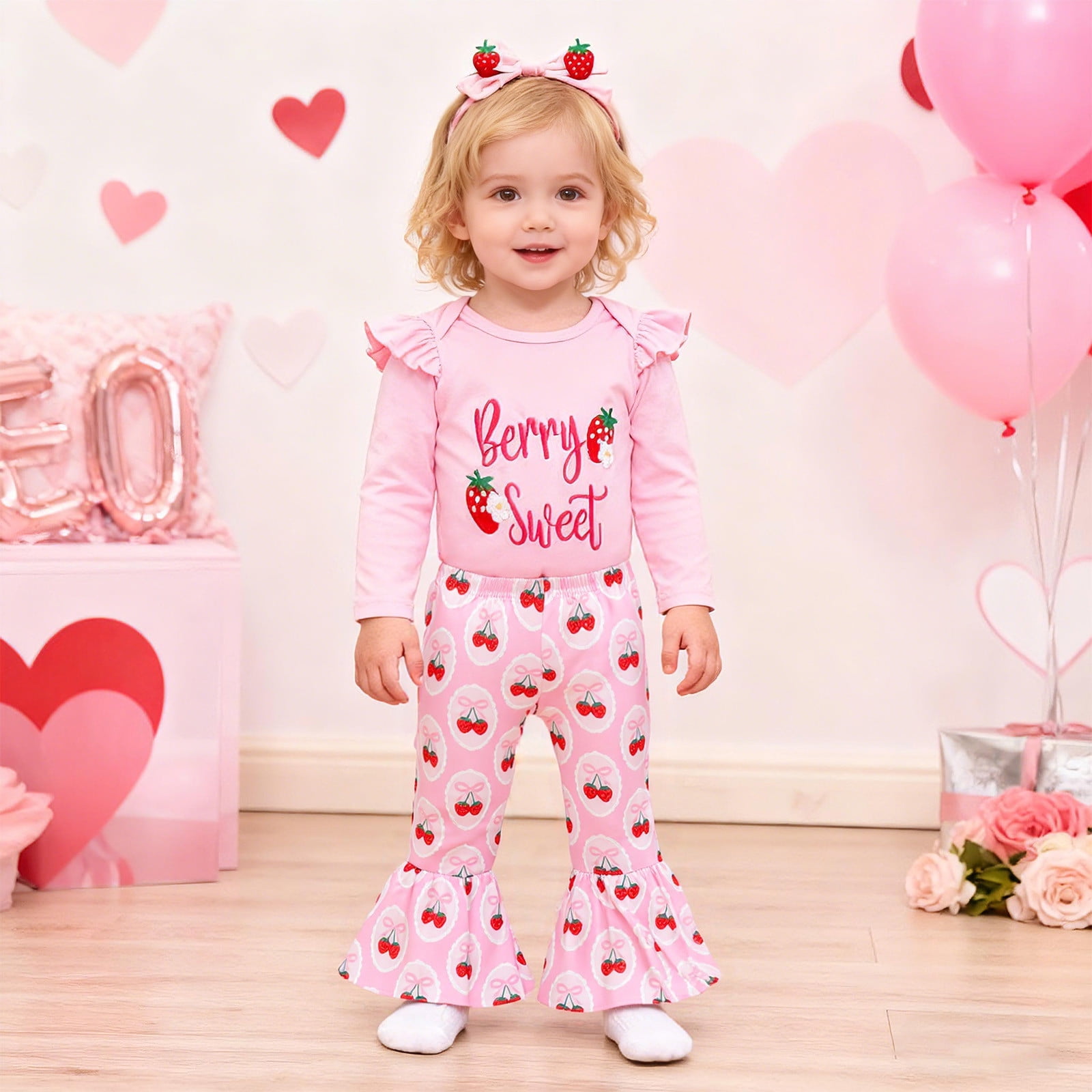 Gelikeya Baby Girl First Birthday Outfit Long Sleeve Berry Romper Strawberry Flare Pants Bow Cake Headband 3pcs Valentines Spring Fall Clothes, Pink & 6-12 Months