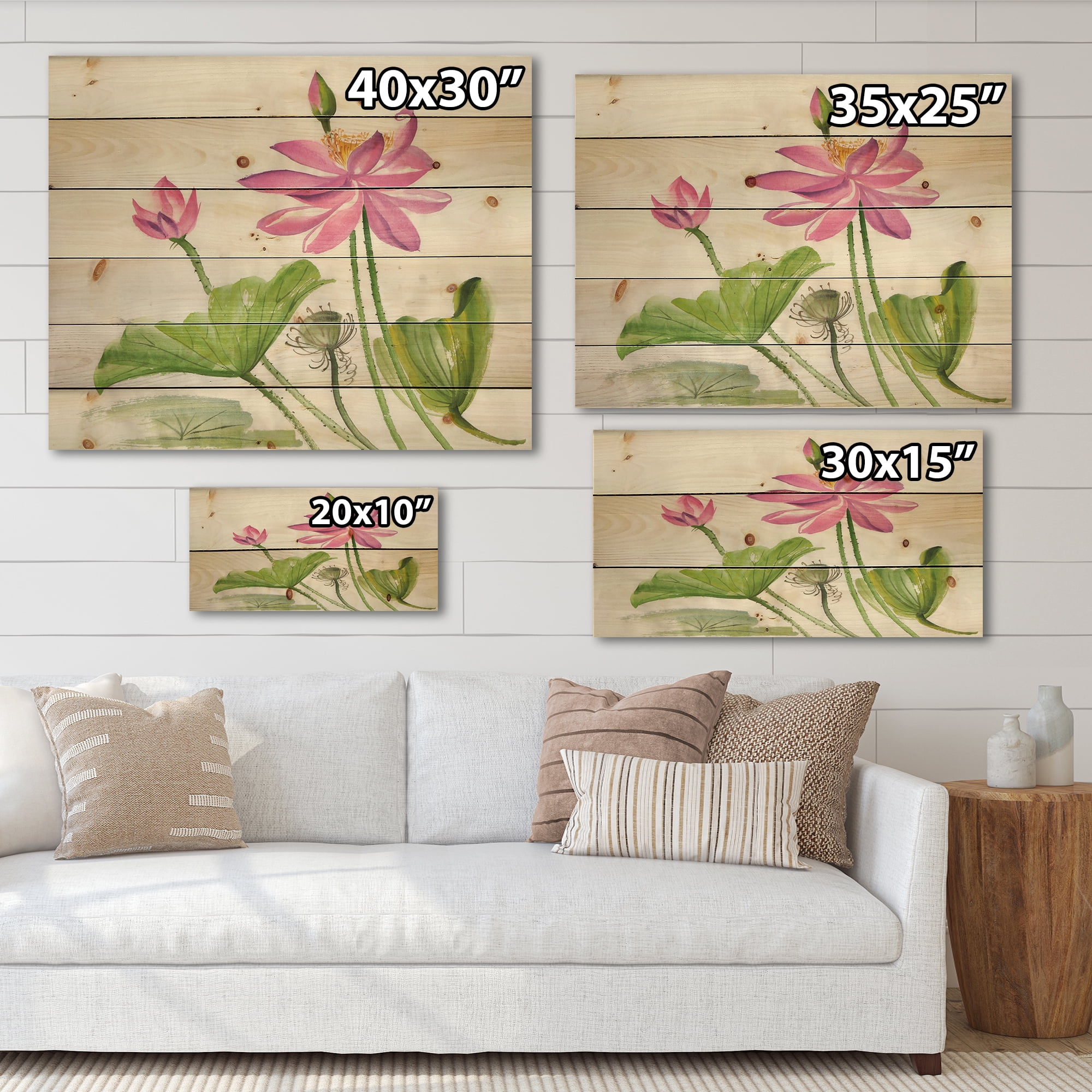 Designart 'Two Pink Lotus Flowers With Green Leaves' Traditional Print on Natural Pine Wood