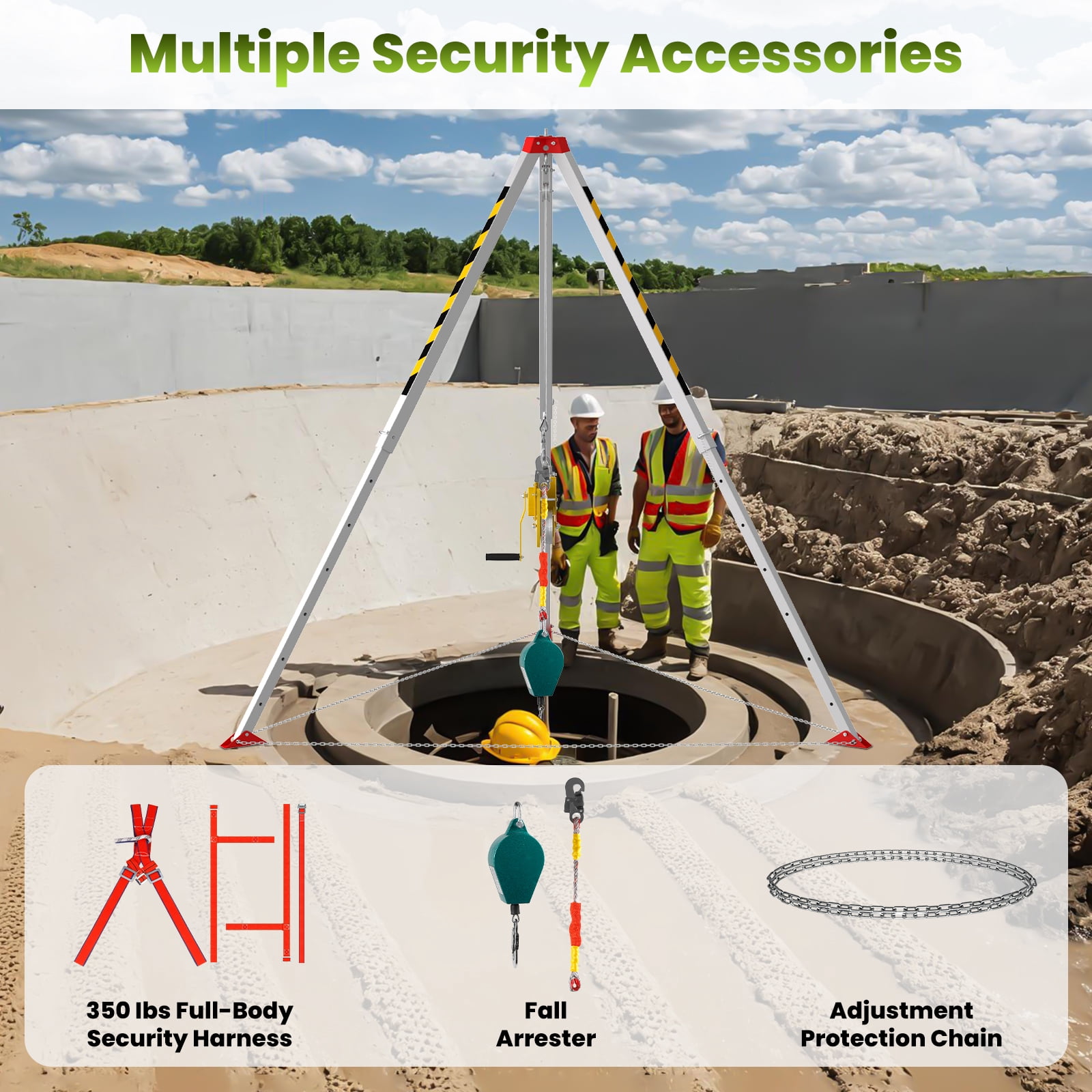 Confined Space Tripod, Confined Space Rescue Tripod, Confined Space Tripod Kit, 1800 lbs, Adjustment Protection Chain, Easy to Use and Full-body Security Harness for Manhole/Well Access