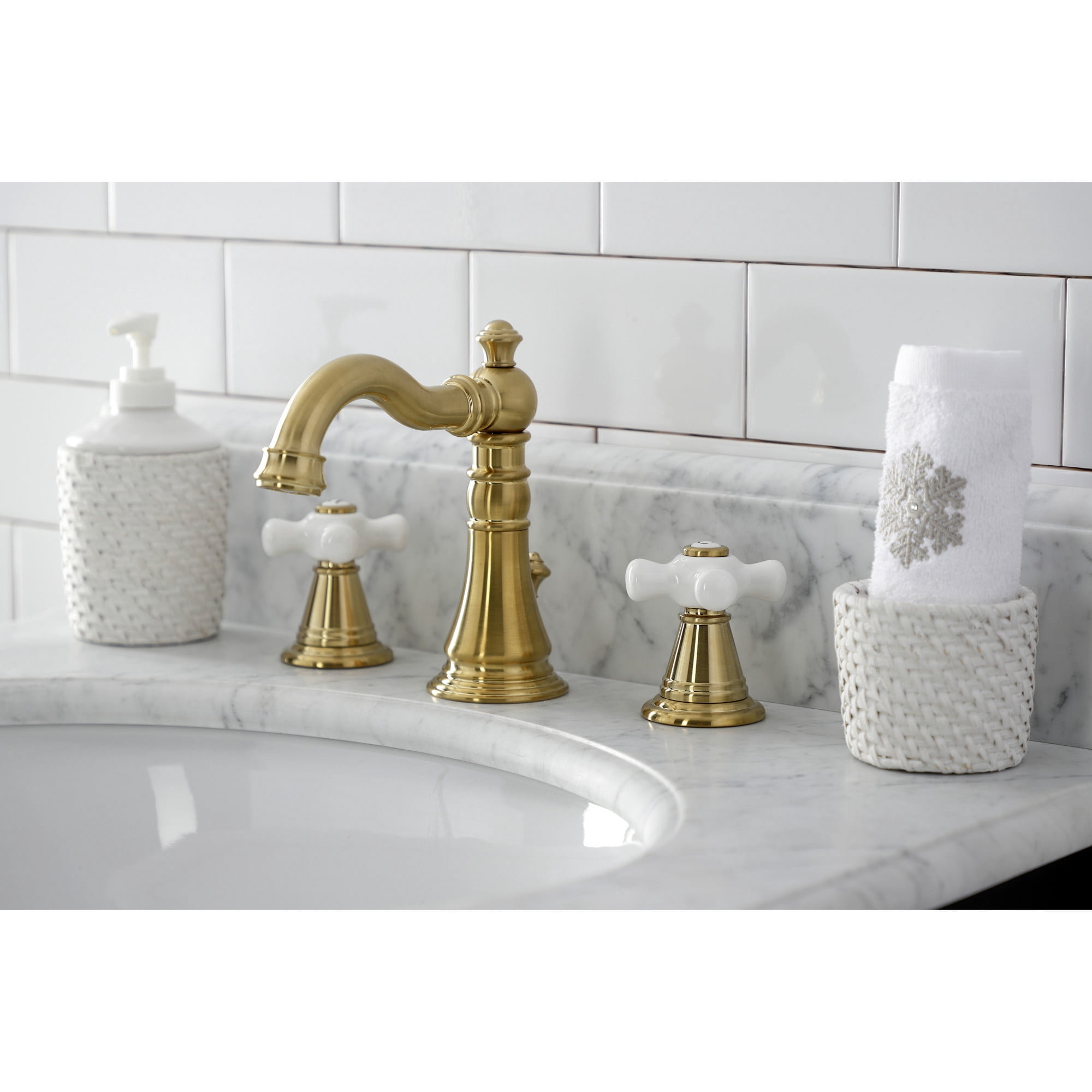 Kingston Brass FSC1973APX American Classic Widespread Bathroom Faucet with Brass Pop-Up, Brushed Brass
