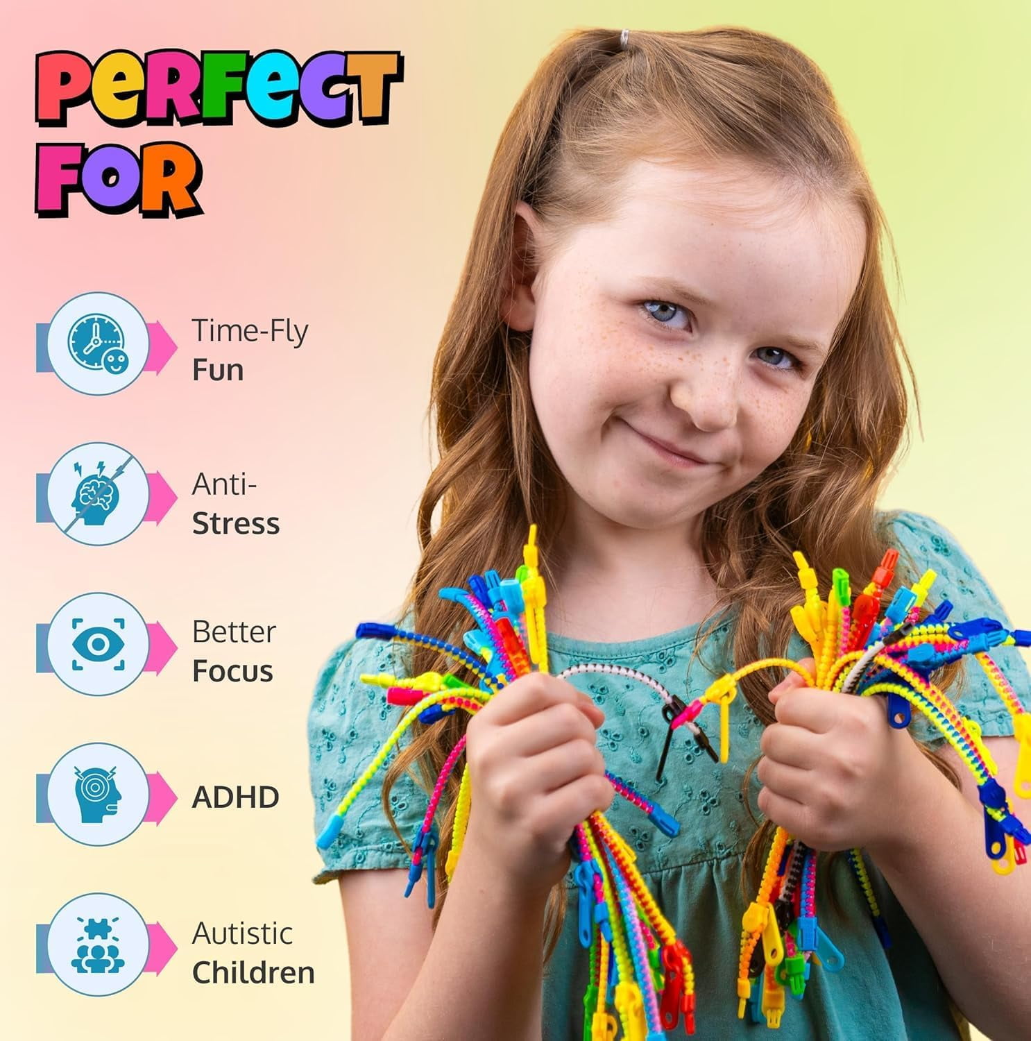 UpBrands 60 Easter Egg Fillers Small Toys: Zipper Bracelets 7 1/2” Sensory Bulk Set, Fidget Toys, Kit for Easter Egg Hunt, Birthday, Goodie Bags, Pinata Filler, Classroom Rewards