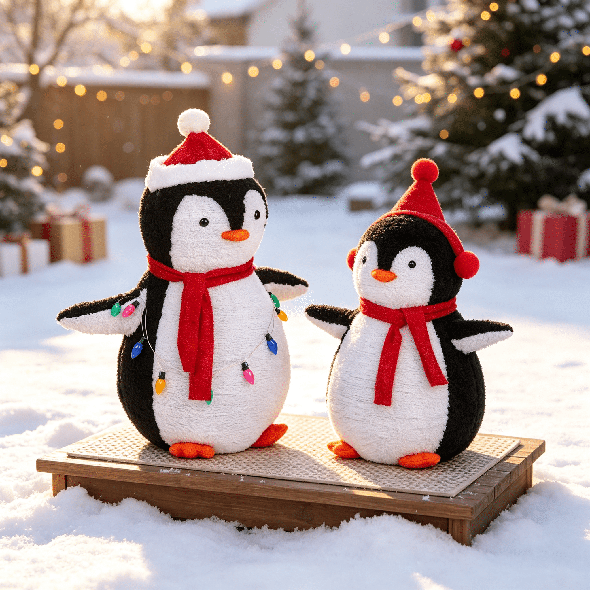 Astoutdoor 2-Piece Lighted Plush Penguin Christmas Yard Decorations, Pre-Lit Pull-Up Penguins with 150 Warm White LEDs, Multicolor Light String and Stakes