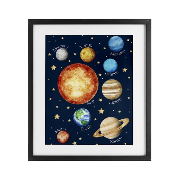 Educational Solar System Space Black Framed Print Under Glass, design by Christine Simpson Art