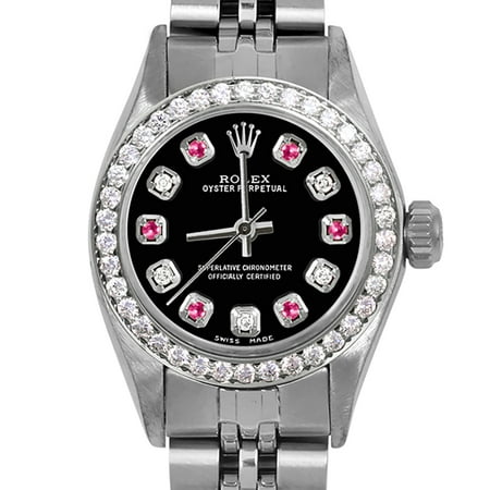 Pre Owned Rolex Ladies Oyster Perpetual 24mm Wristwatch Black Alternating Diamond Ruby