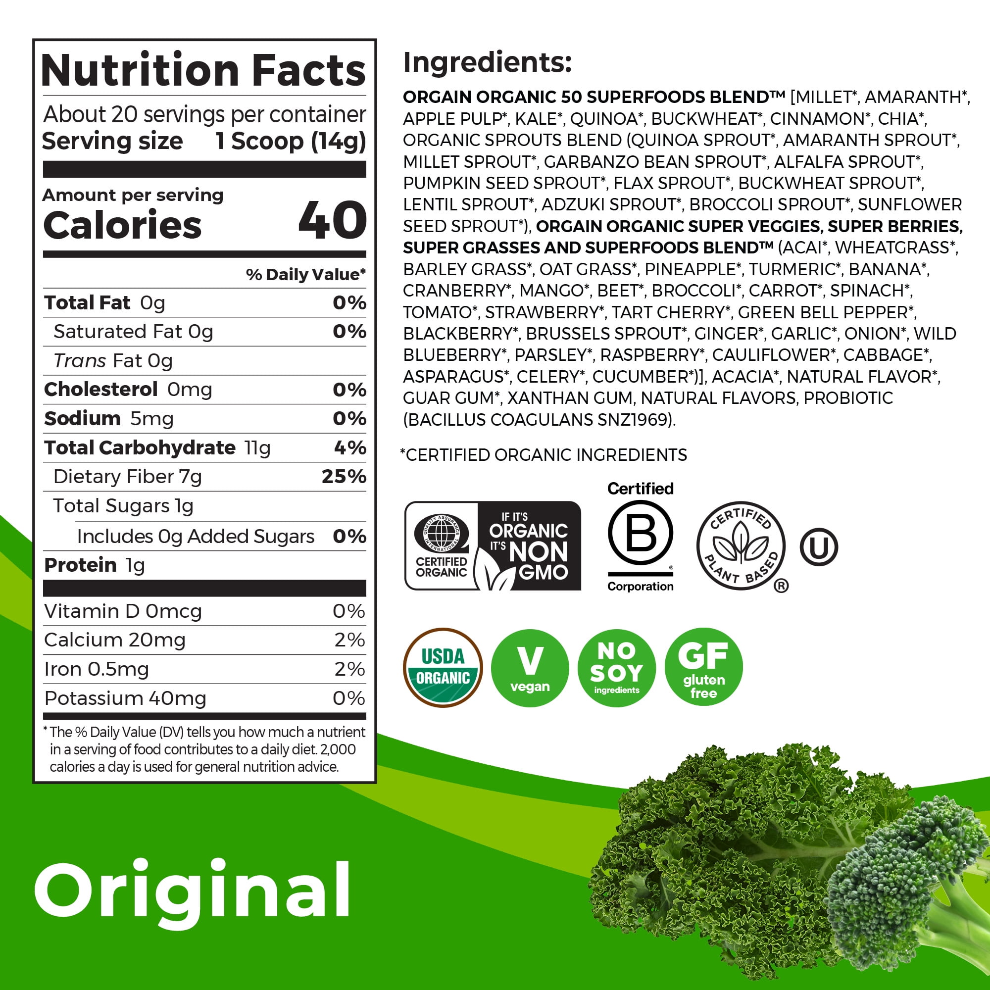 Orgain Vegan Organic Greens & 50 Superfoods Powder- 1B Probiotics, Original Flavor, 0.62lb