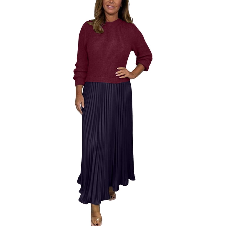 SMihono Women's Long Sleeve Round Neck Dress Ribbed Knit Patchwork Pleated  Dress Trendy Flowy High Waist A Line Maxi Dresses Wine XXL - Walmart.com