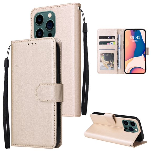 Compatible for iPhone 14 Pro Wallet Case with Premium PU Leather Card Slots Holder Photograph Slot Cover, Soft Silicone Shockproof Magnetic Clasp Kickstand Wrist Strap Flip Folio Case,Gold