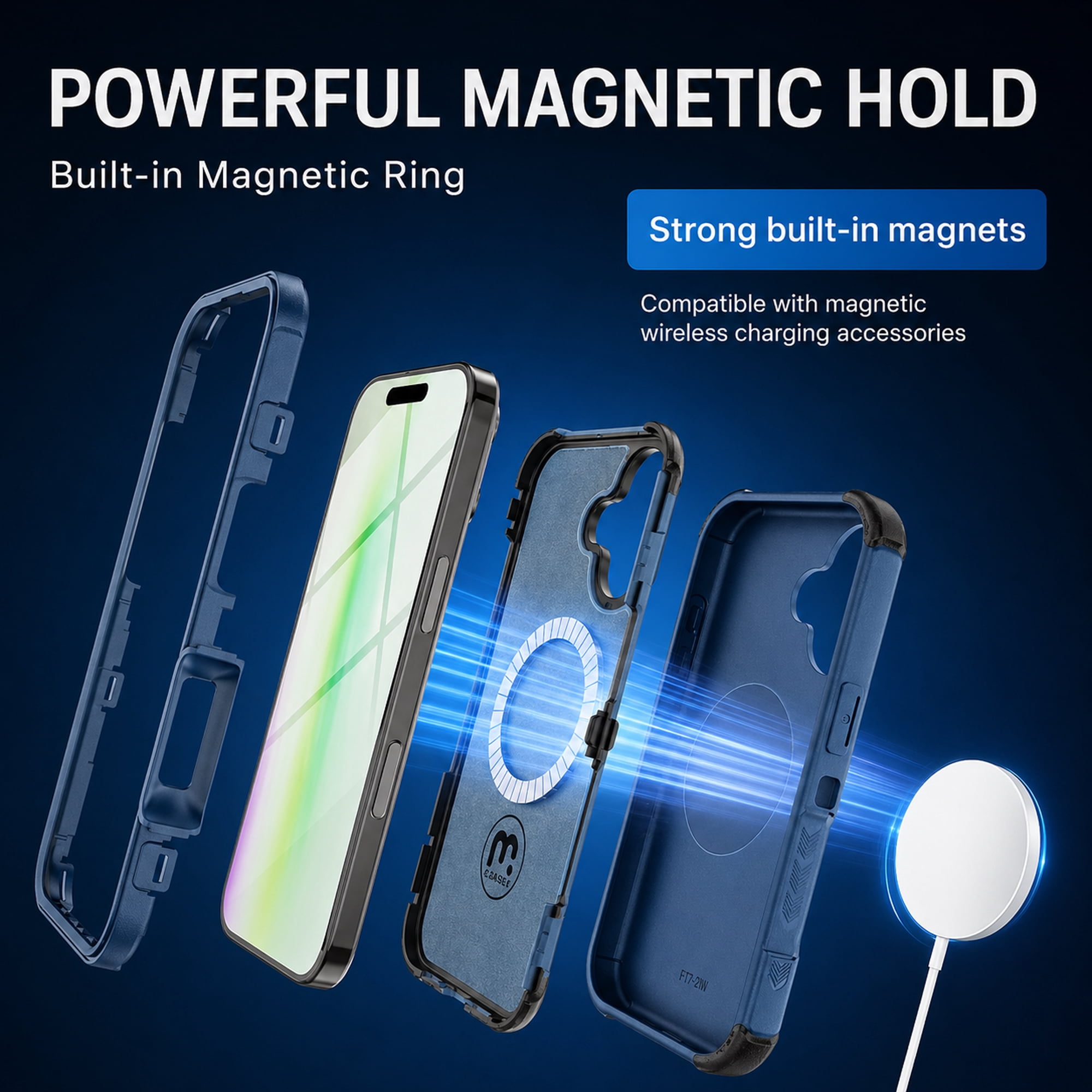 Hybrid Rugged Case with Detachable Belt Clip Holster and Tempered Glass Screen Protector, Magnetic Charging-Compatible, Blue, Compatible with iPhone 17