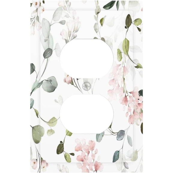 Watercolor Boho Fresh Green Leaves Flowers Pink Floral Outlet Covers 1 Gang Duplex Light Switch Cover Decorative Switch Plates Electrical Receptacle Faceplate Wall Plate for Bedroom Living Room Decor