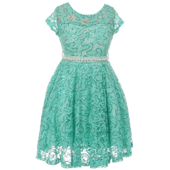 Little Girl Cap Sleeve Floral Lace Glitter Pearl Holiday Party Flower Girl Dress Jade 4 JKS 2102 BNY Corner