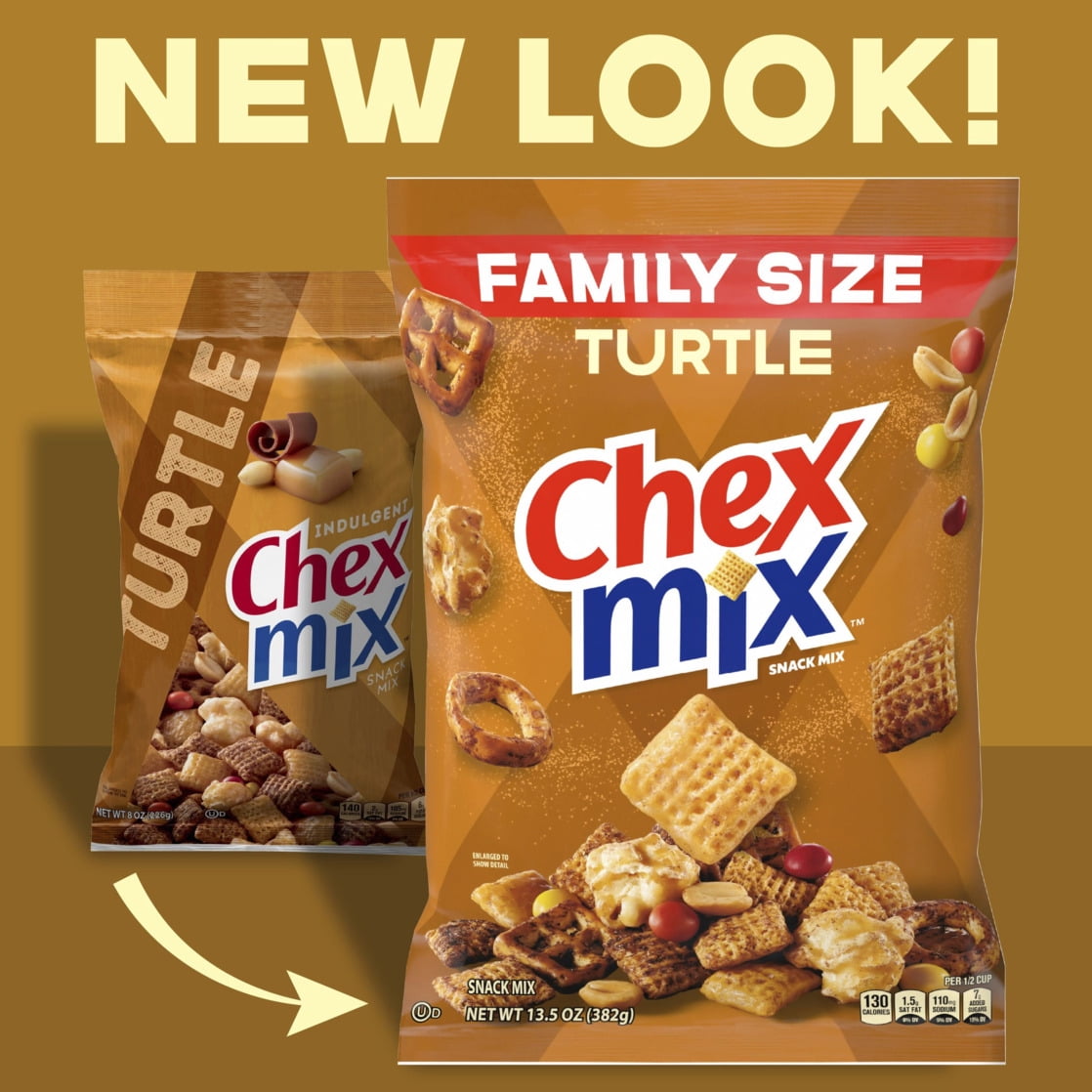 (4 pack) Chex Mix Turtle Snack Mix, Indulgent Snacks, Family Size, 13.5 oz