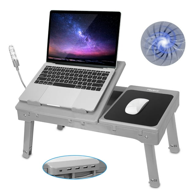 GPCT Foldable Laptop Table Bed Notebook Desk w/Cooling Fan Mouse Board LED light 4 x USB Ports Breakfast Snacking Tray with Storage Groove For Home Office Use