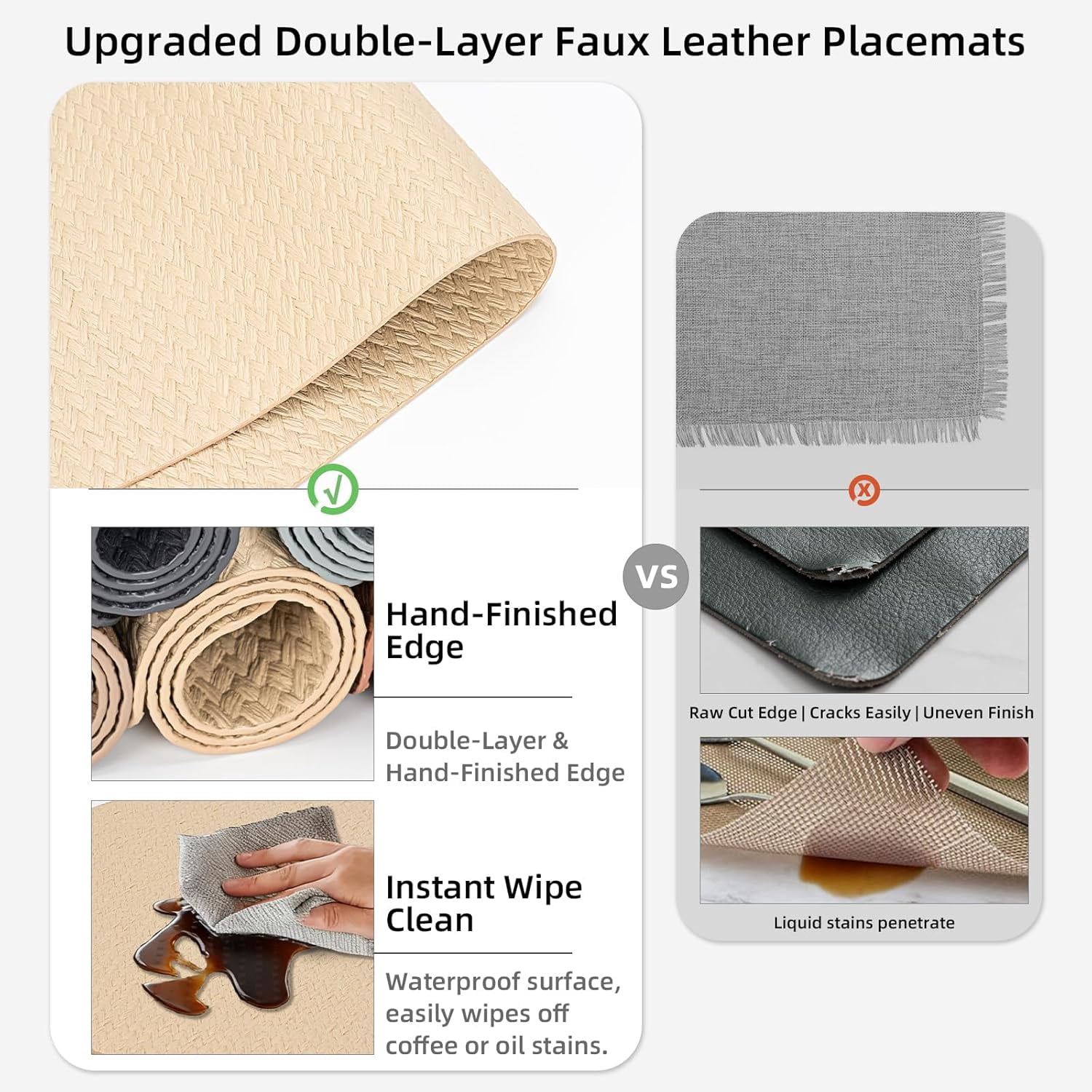PROMATTOO Round Vinyl Woven Embossed Placemats Set of 6,Faux Leather Waterproof Dining Mat,Golden Beige
