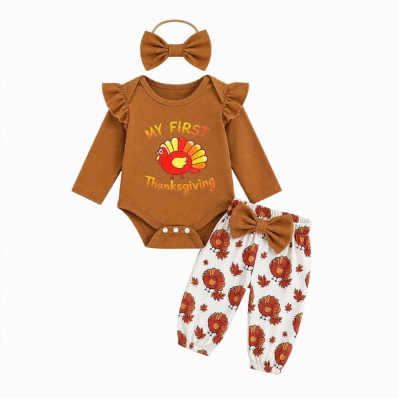 YDFCWXW Outfits Baby Girl My First Thanksgiving Romper Polka Dot Pant Headband Baby Girl Clothes Set (Coffee, 0-3 Months)