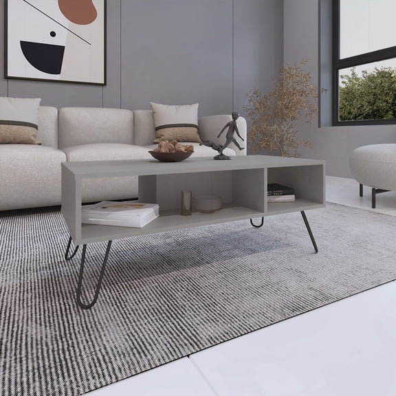 Coffee Table with 4 Legs and 2 Shelves, 15.7" H, White for Modern Living