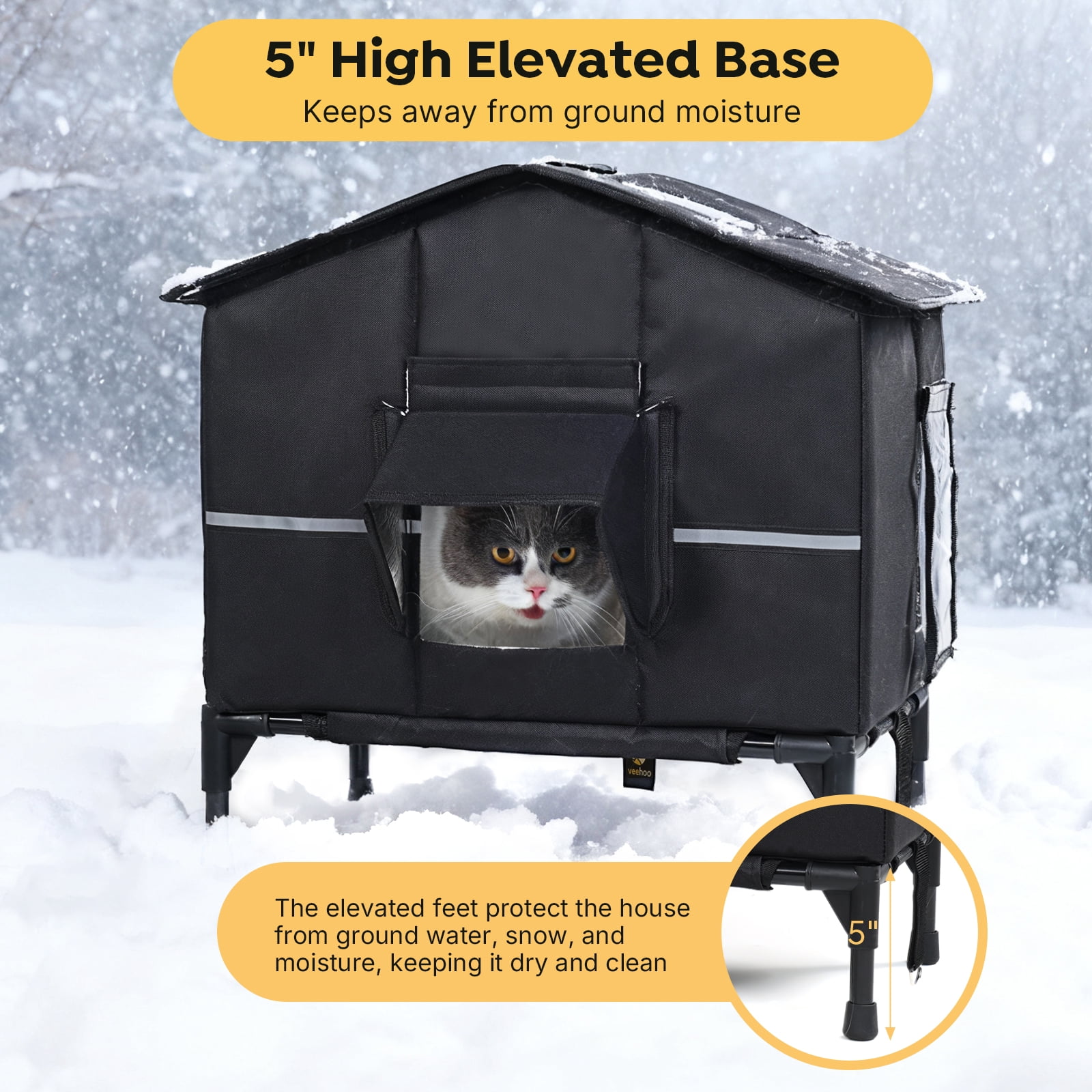 Veehoo Outdoor Cat House Weatherproof, Outside Insulated Feral Cat Shelter with Elevated Base, Waterproof Eaves & Escape Door for Stray Barn Cats, 25.6"x16.5"x22.4"