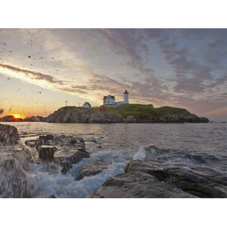 Waves Crash on Rocky Shoreline at Nubble Aka Cape Neddick Lighthouse in York, Maine, Usa Print Wall Art By Chuck
