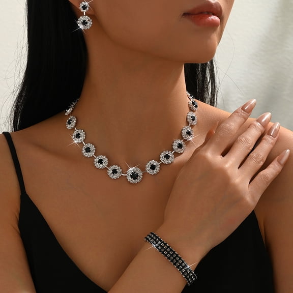 Faty-T Rhinestone Bridal Wedding Jewelry Sets Silver Choker Necklace Earrings Bracelet Ring Set Prom Formal Costume Jewelry Set for Women and Brides