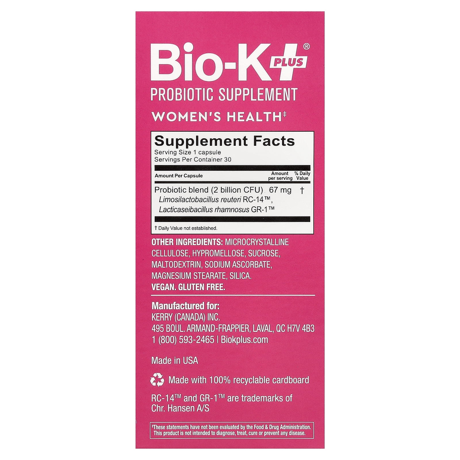 Bio-K+ Probiotic Supplement, Women's Health, 30 Capsules