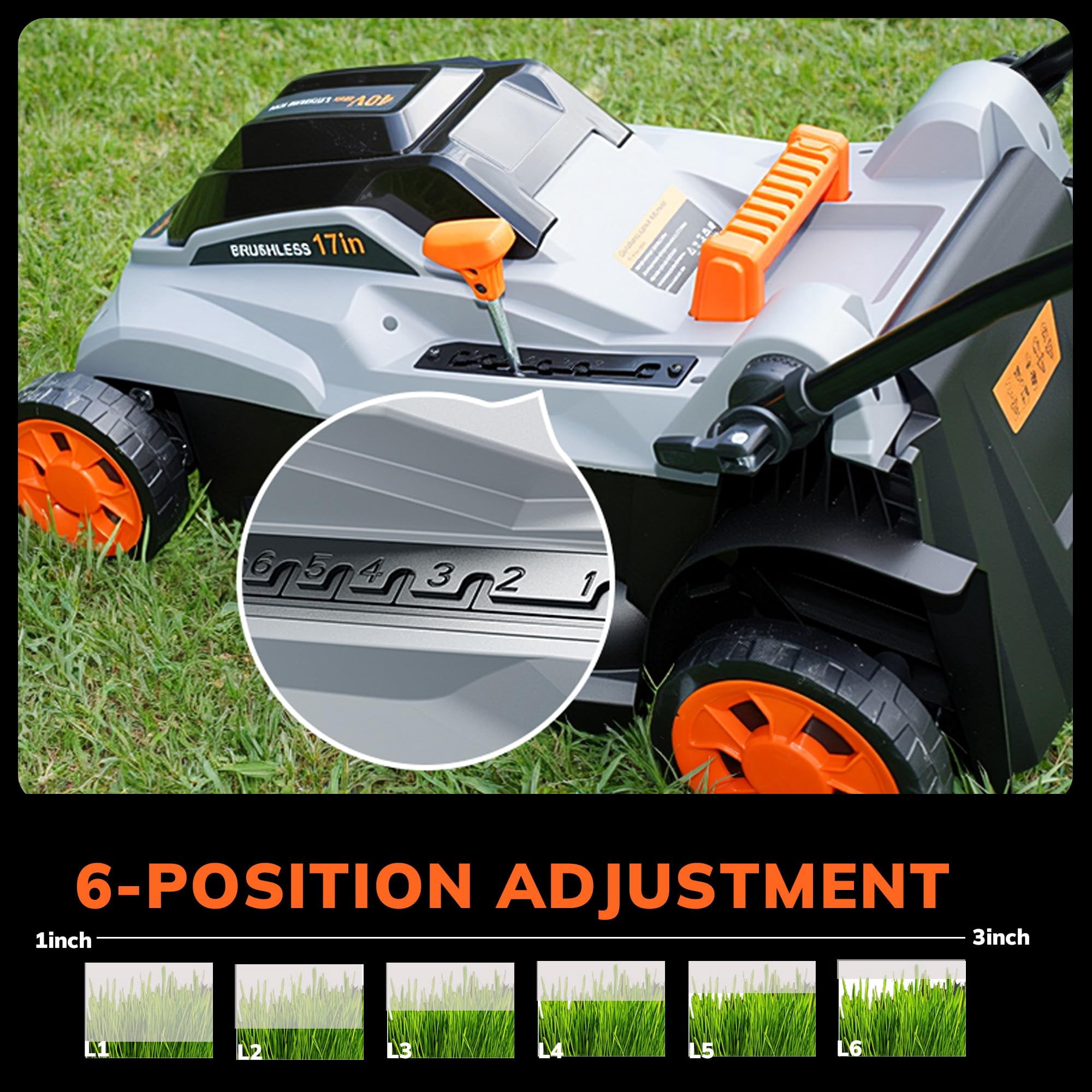 40V (2 x 20V) 17'' Cordless Lawn Mower, Multi-Functional Grass Cutter with 4.0Ah Battery, 6 Adjustable Height Settings, Durable Manganese Steel Blades, Easy to Use for Medium to Large Lawn
