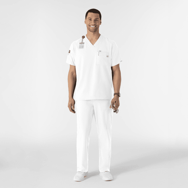 Uniforme médico con filipina cuello en V y pantalón Cargo para hombre color blanco - Marca Wink