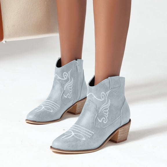 Women's Western Booties Classic Point Toe Embroidered Western Rodeo Cowboy Sheriff Boot With Zipper Ankle Boots Low Heel For Women