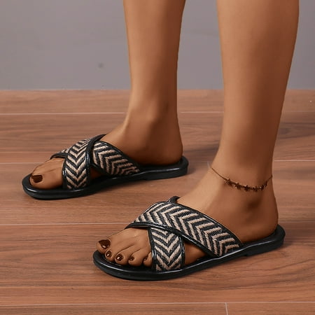 

Retro Women Beach Slip On Weave Cloth Casual Open Toe Non Slip Flat Breathable Slippers Shoes Sandals