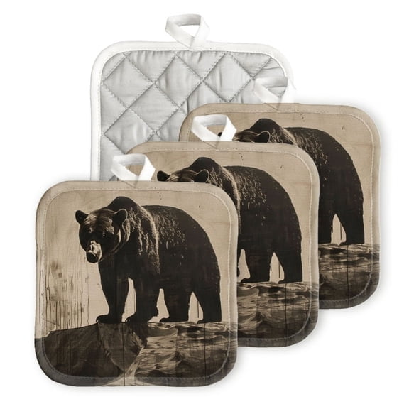 Bahomeck Pot Holder 4Pcs,Black Bear Standing On Hind Legs Square Heat Resistant Hot Pads For Kitchen Cooking Oven With Hanging Loop Potholder Easy To Store