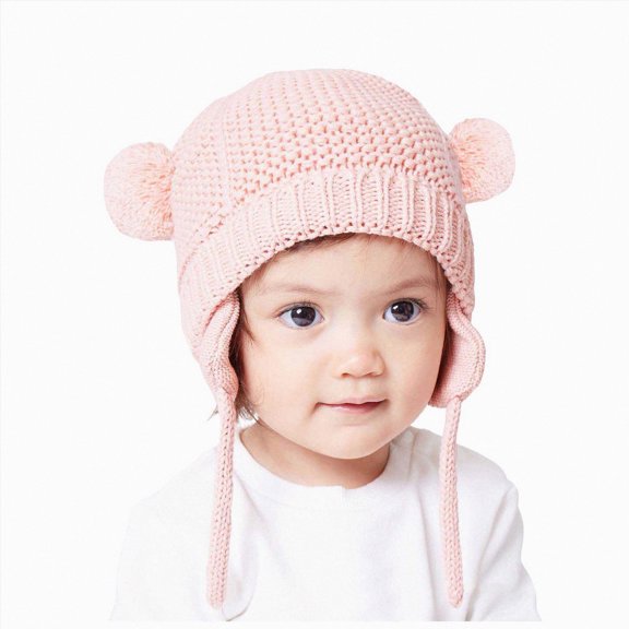 Hessimy Baby Double Pom Pom Knit Earflap Hat,Winter Warm Beanie with Adjustable Chin Ties