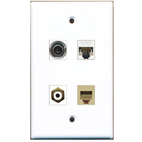 RiteAV - 1 Port RCA White 1 Port Phone RJ11 RJ12 Beige 1 Port 3.5mm 1 Port Cat5e Ethernet White Wall Plate