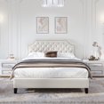 thumbnail image 1 of Queen Size Wooden Platform Bed Frame with Fabric Upholstered Headboard, Beige, 1 of 8
