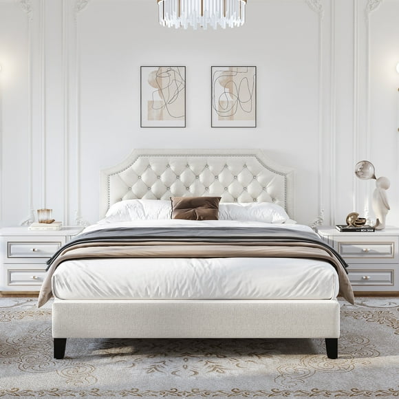 Queen Size Wooden Platform Bed Frame with Fabric Upholstered Headboard, Beige