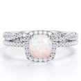 thumbnail image 1 of JeenMata Juego de Anillos de Boda con Halo Ópalo Arcoíris de Talla Cojín de 1,5 Quilates y Moissanita: Juego de Anillos de Boda con Infinito Trenzado Pavé: Baño de Oro Blanco de 18 K sobre Plata, 1 of 6