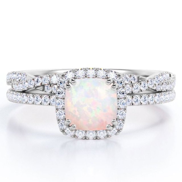JeenMata Juego de Anillos de Boda con Halo Ópalo Arcoíris de Talla Cojín de 1,5 Quilates y Moissanita: Juego de Anillos de Boda con Infinito Trenzado Pavé: Baño de Oro Blanco de 18 K sobre Plata